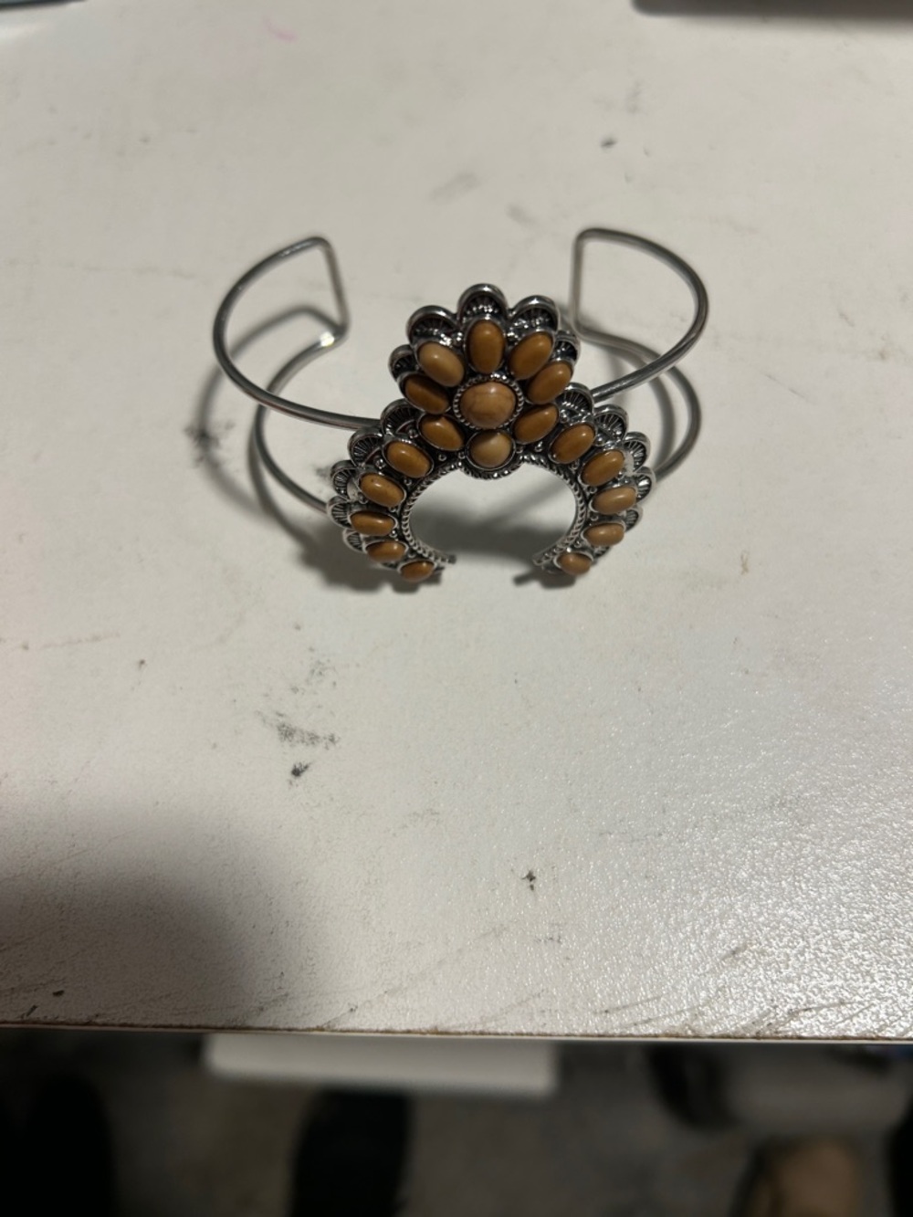 Silver-Tone Cuff Bracelet with Mustard Stone Accents